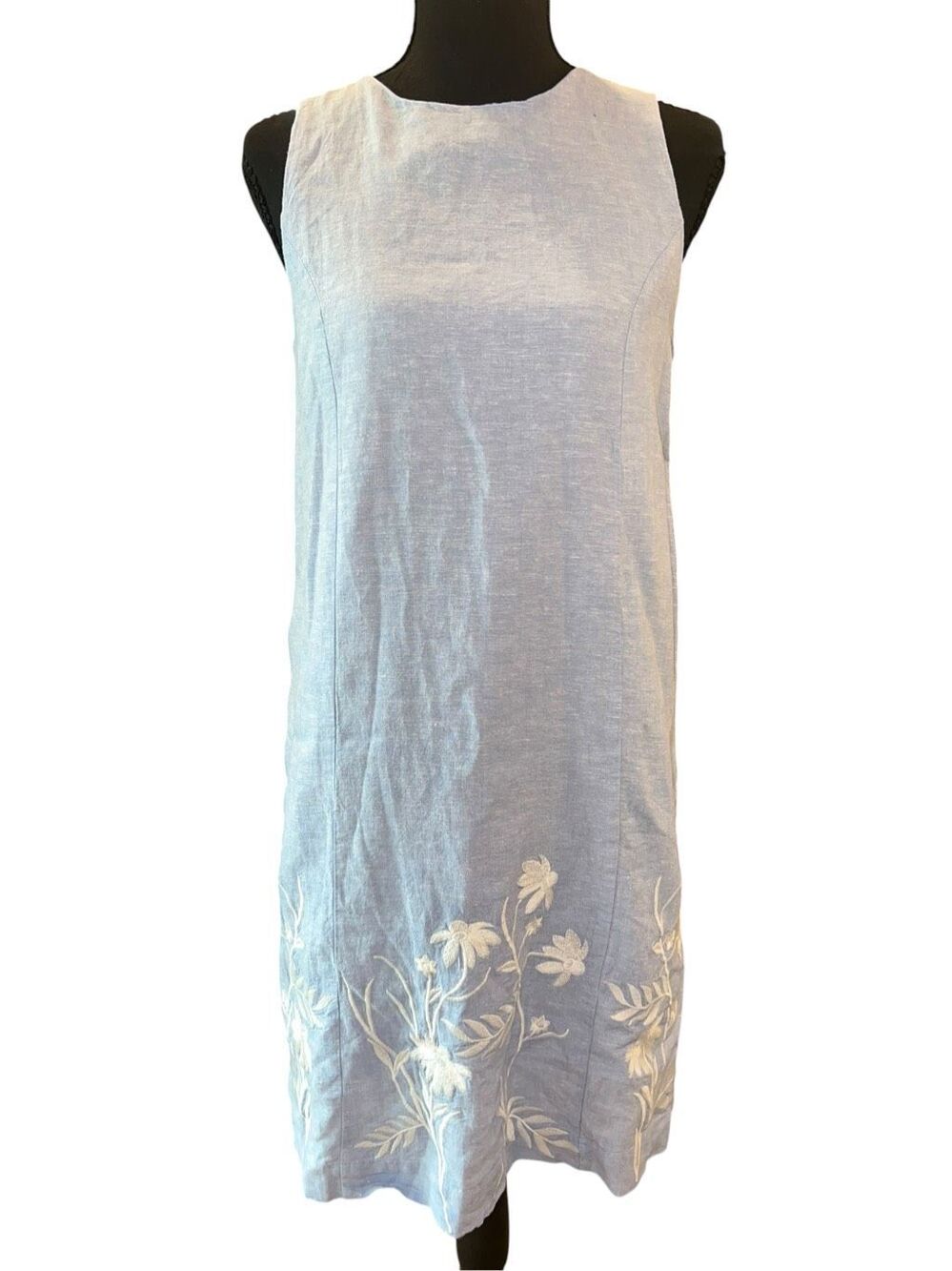 Joie XS light blue linen blend sleeveless floral embroidered shift dress Career